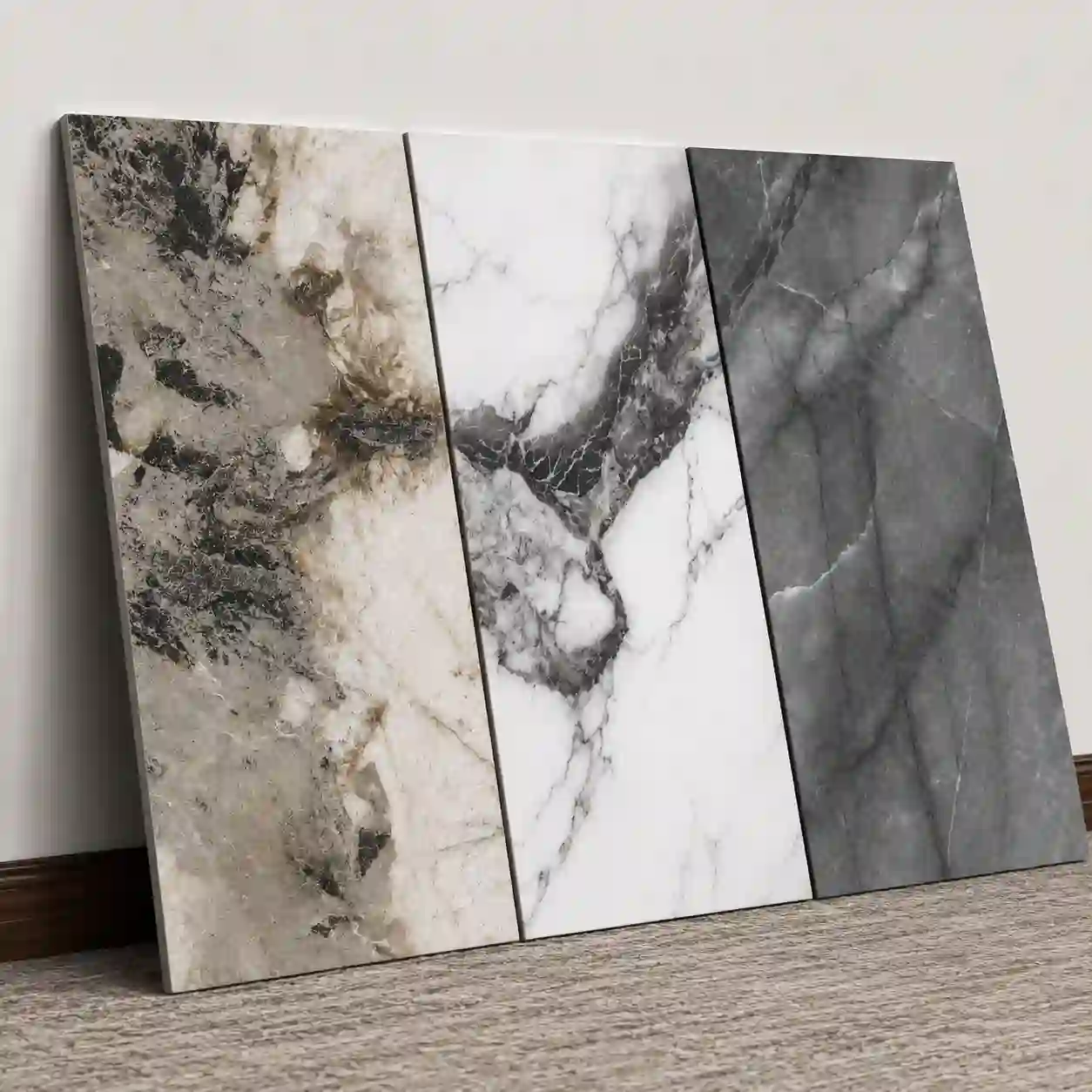 Marble PVC wall panels behind a bathroom vanity with a marble-effect finish