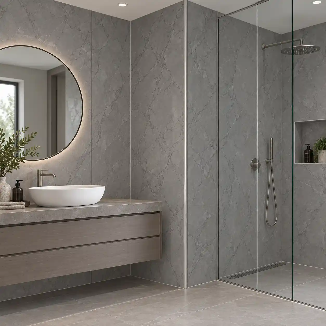 Marble PVC wall panels on a bathroom vanity wall beside a glass shower enclosure