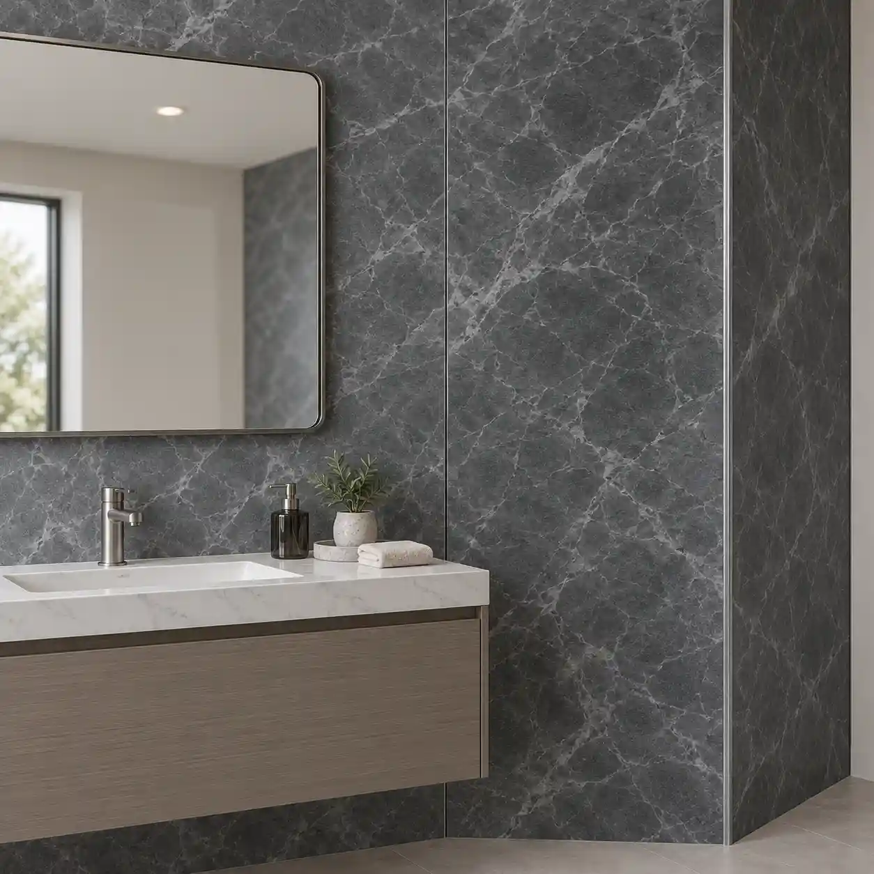 Marble PVC wall panels with visible joints and corner trims behind a bathroom vanity