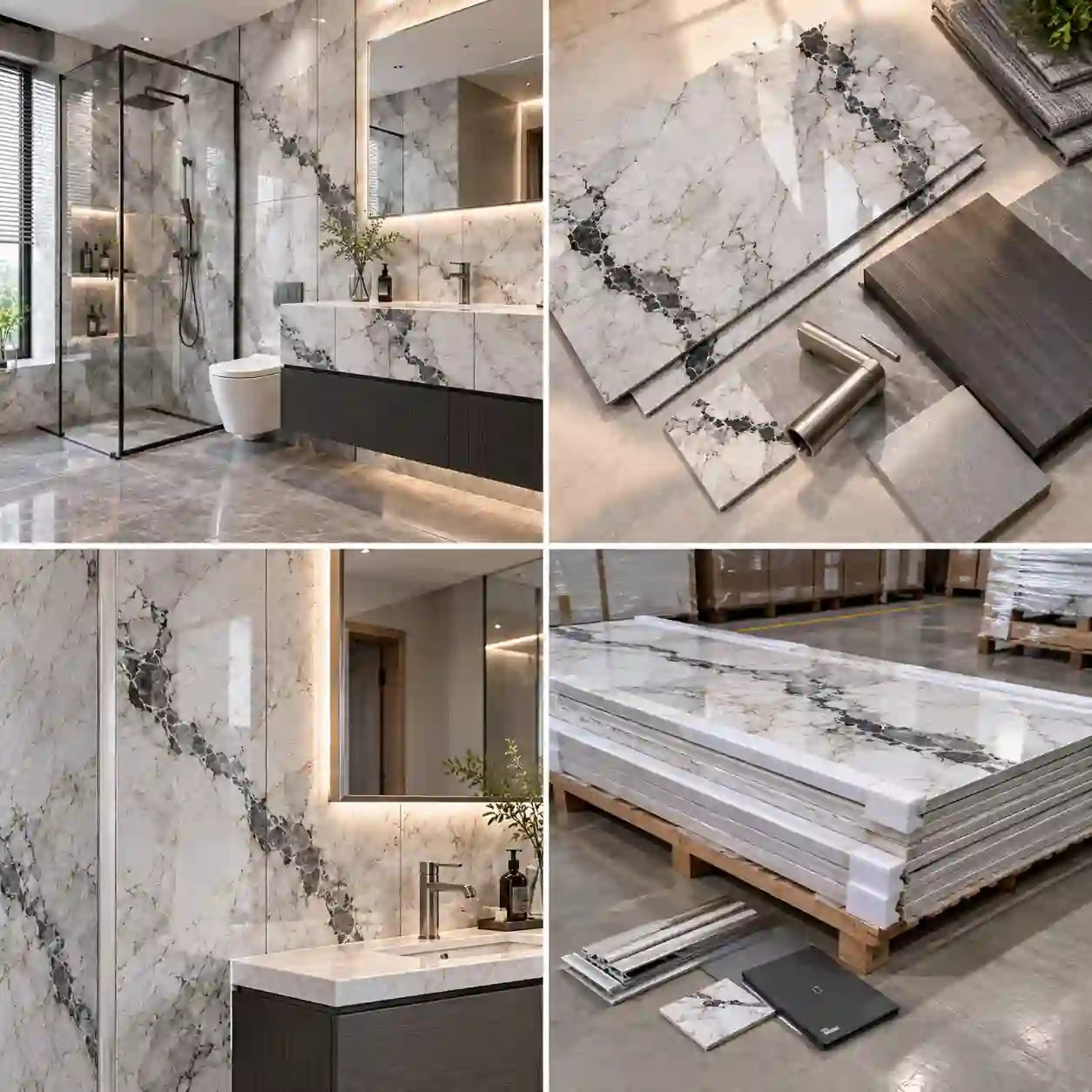 Spare marble PVC wall panels stored with matching trims and a finish sample