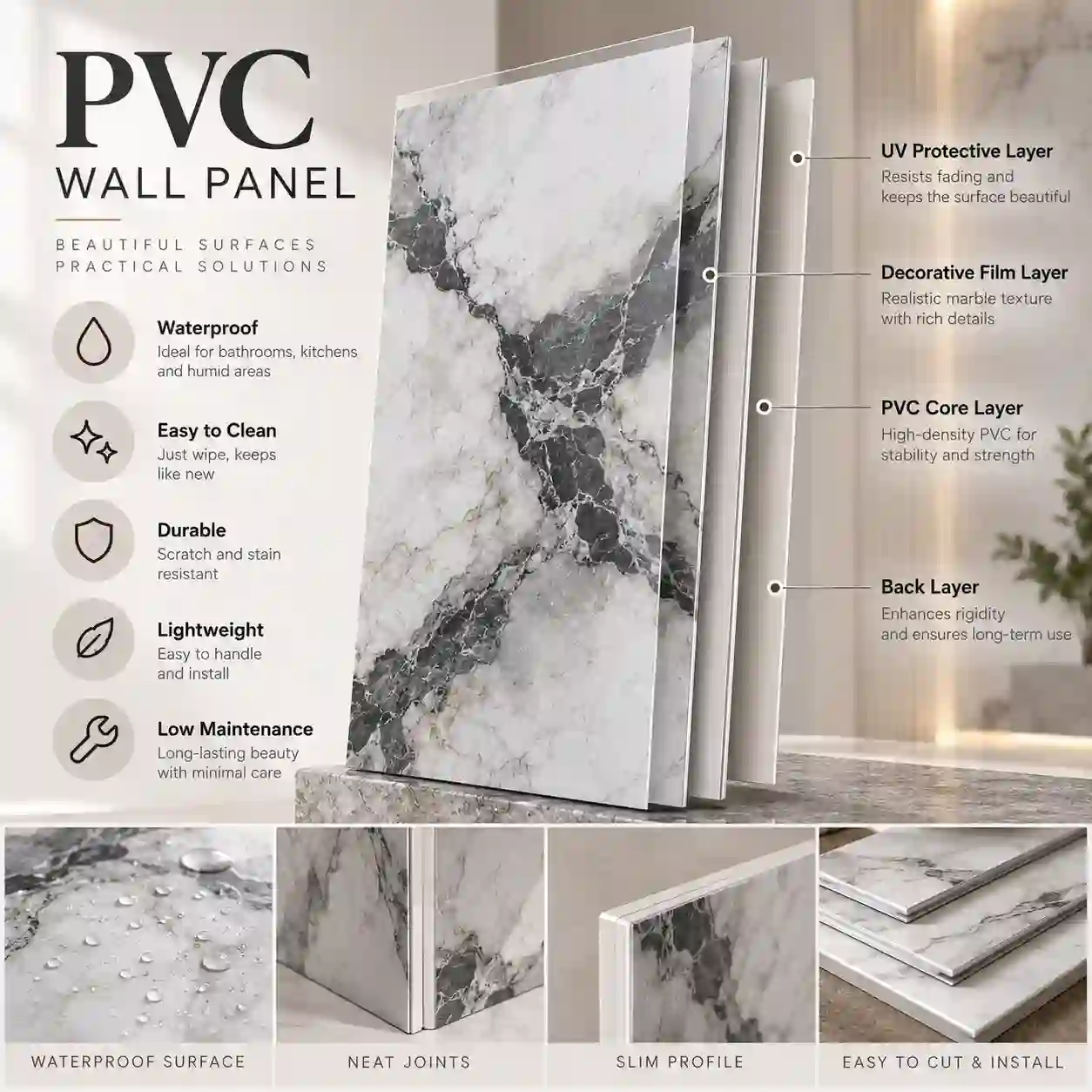 Marble PVC wall panels used on a villa bathroom vanity feature wall