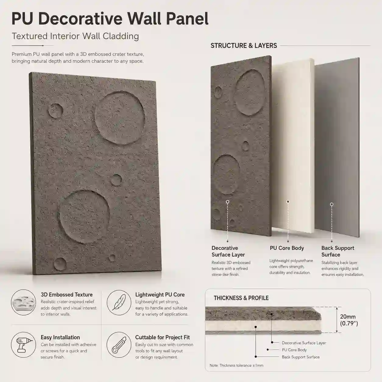 Close-up texture of polyurethane faux stone panels for indoor feature walls