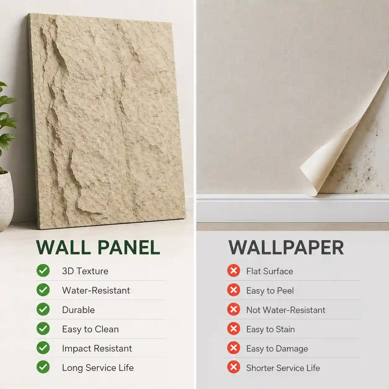 Close-up texture of polyurethane faux stone panels for indoor feature walls