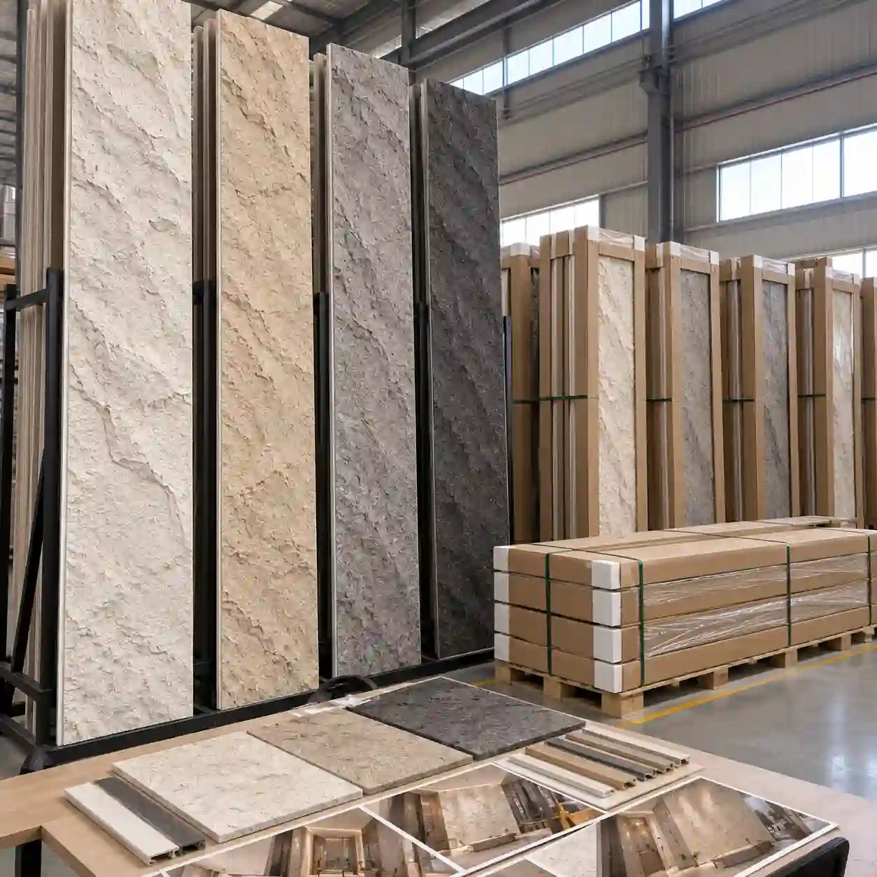 Polyurethane stone panel finish samples and spare panels for batch consistency