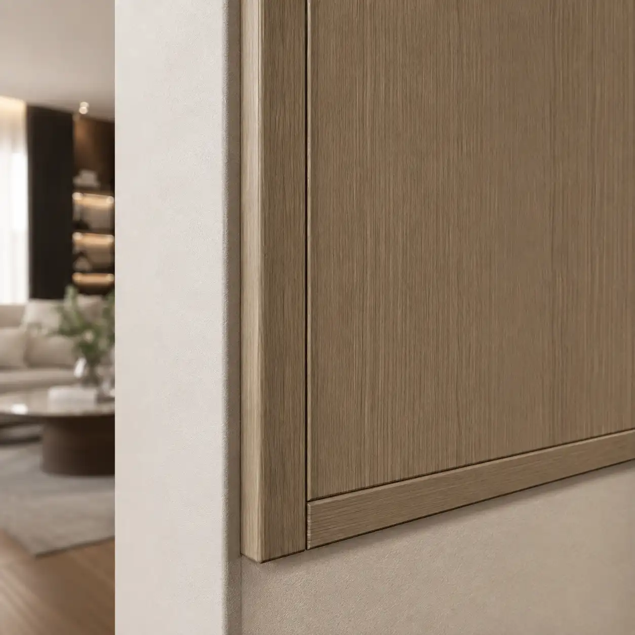 Premium wall panel edge trim detail with matte wood grain finish for living room installation