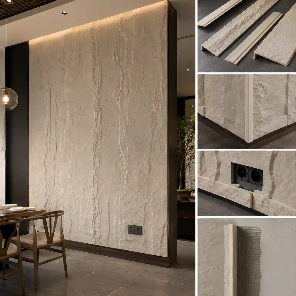 PU stone panel installation detail with trims, corner return and clean cut edges for indoor walls