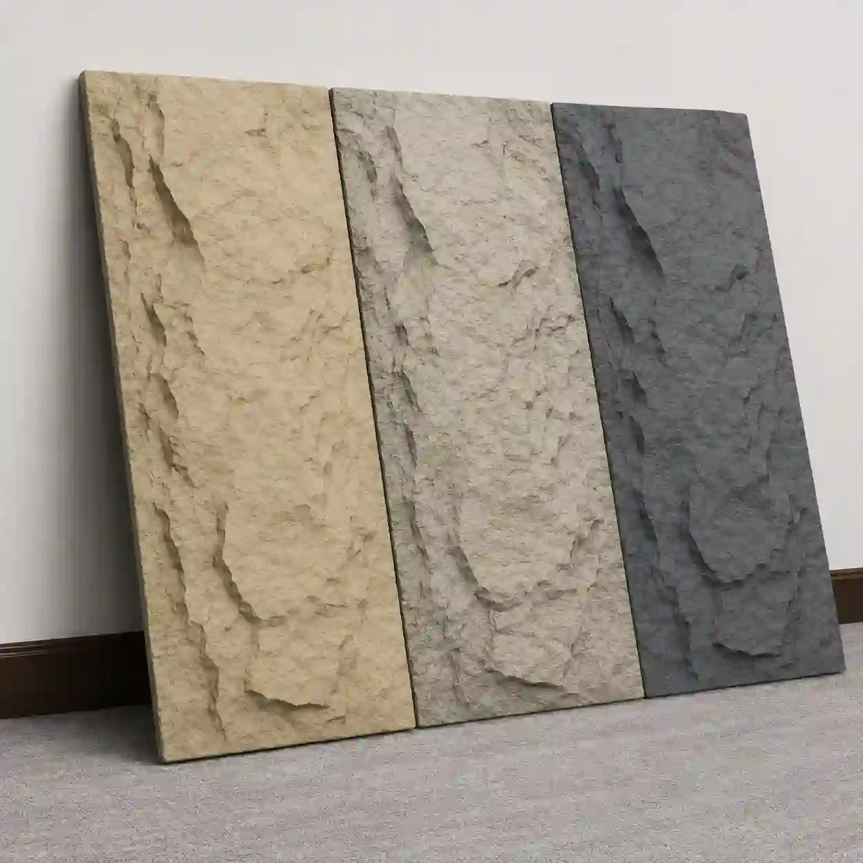 PU stone panel manufacturer showroom with faux stone wall panel samples