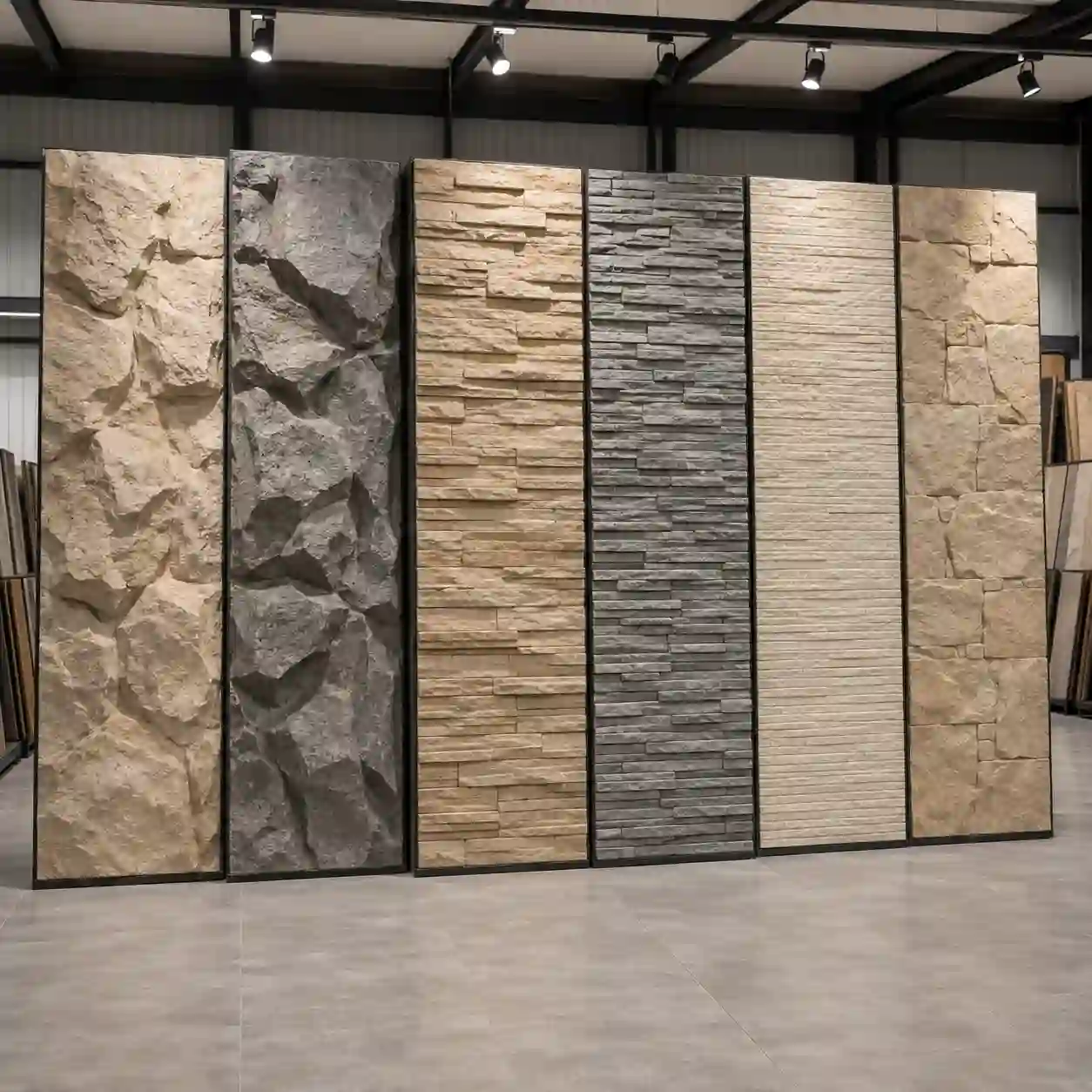 PU stone panel samples showing rock, stacked stone and faux stone textures from a manufacturer