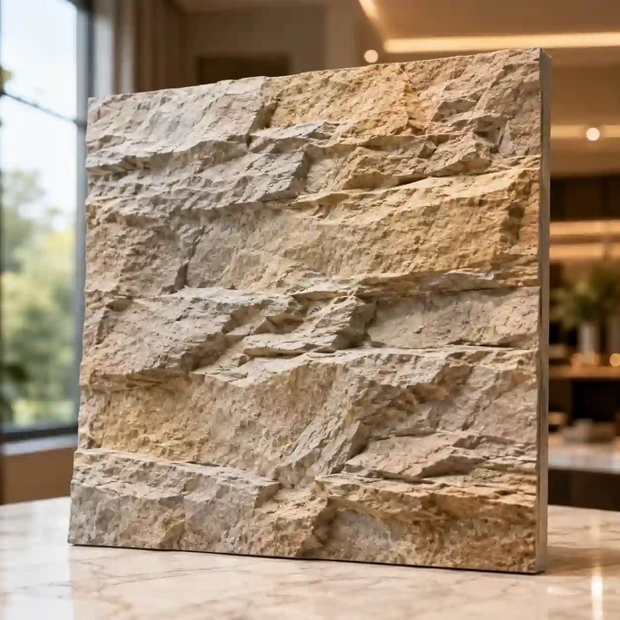 Close-up PU stone panel sample showing realistic texture depth, color variation and natural surface