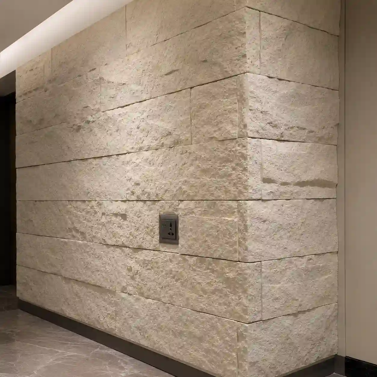PU stone wall panel installation detail with corner trim, cut edge and socket planning