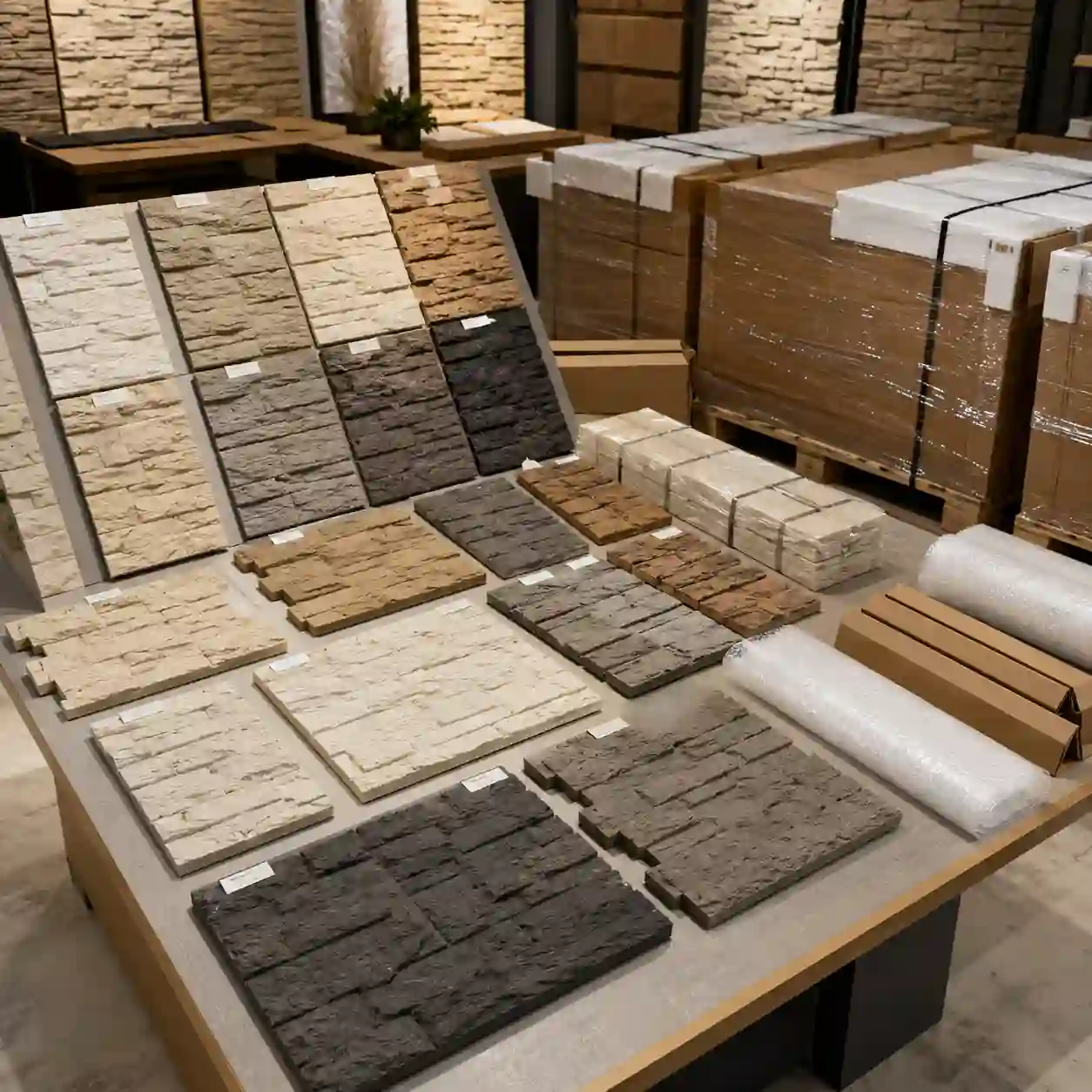 PU stone wall panel samples and spare panels prepared for batch color matching