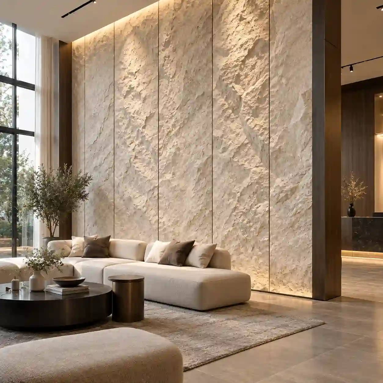 PU stone wall panels planned by wall size, lighting and viewing distance