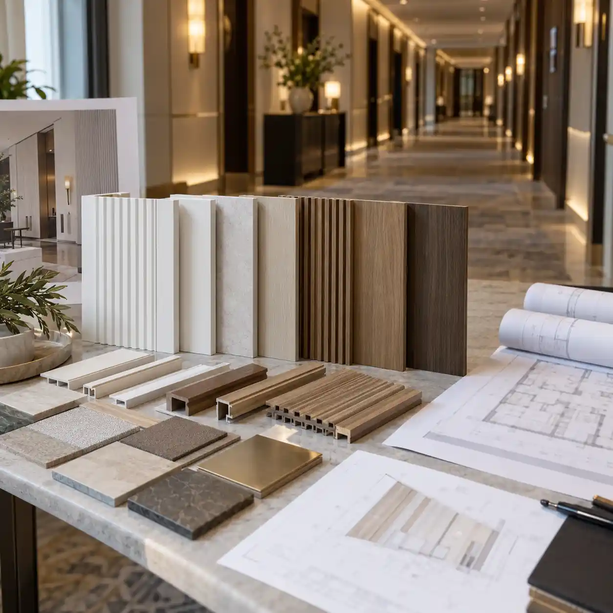 PVC and WPC wall panel samples for hotel renovation planning