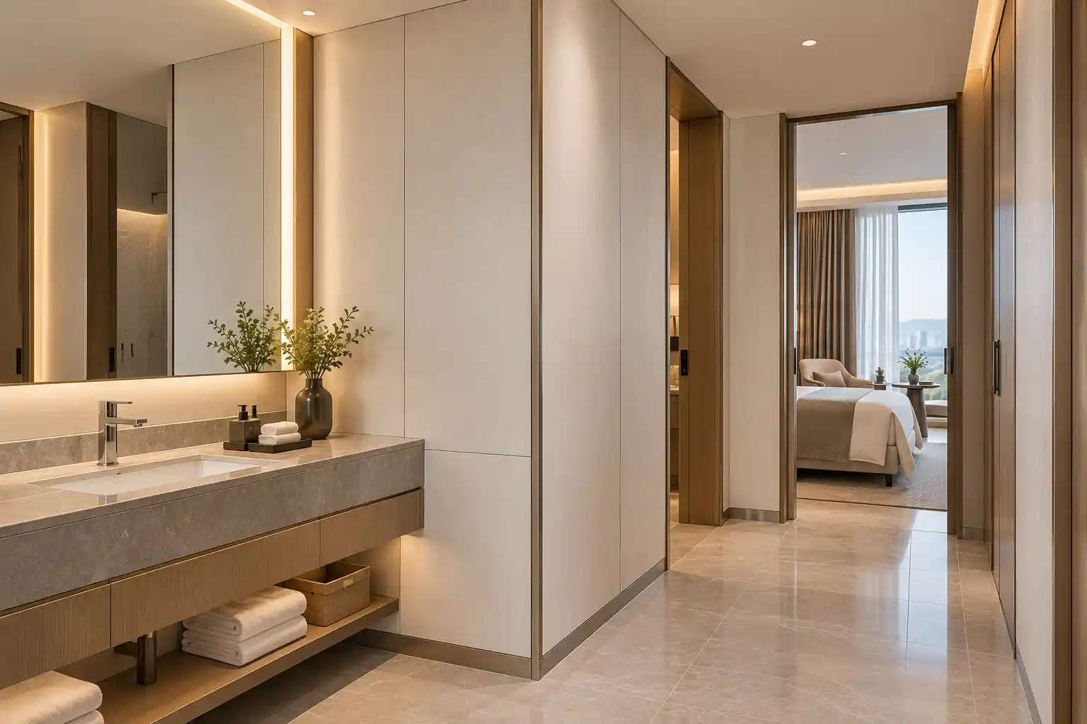 Smooth PVC wall panels in a hotel bathroom vanity approach area