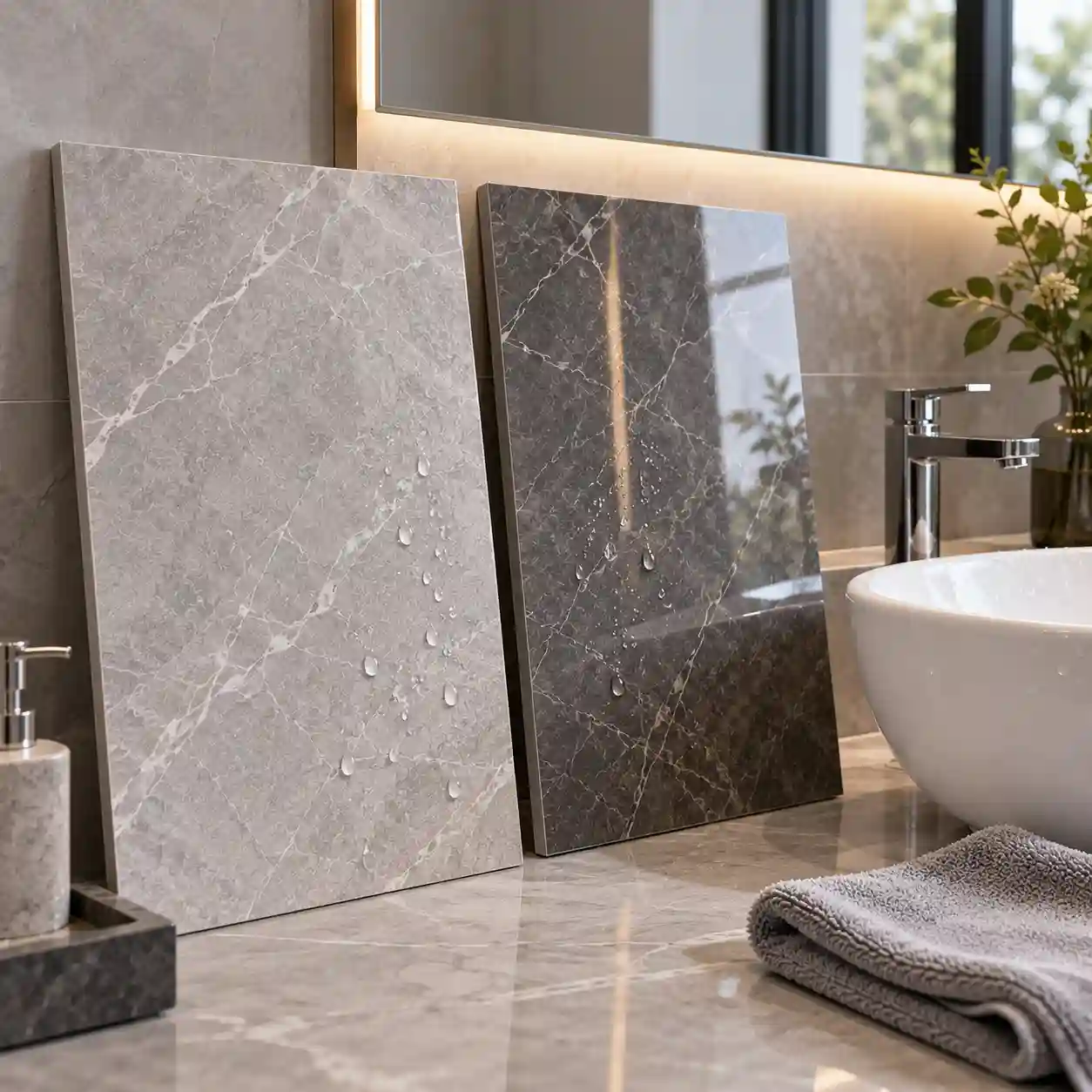 Light satin and dark glossy SPC wall panel samples with water droplets beside a bathroom basin