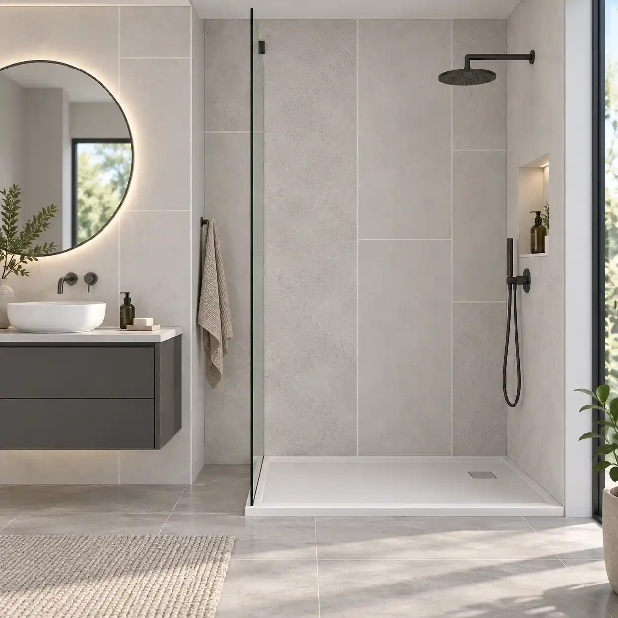 SPC bathroom wall panels in a walk-in shower and adjacent vanity area