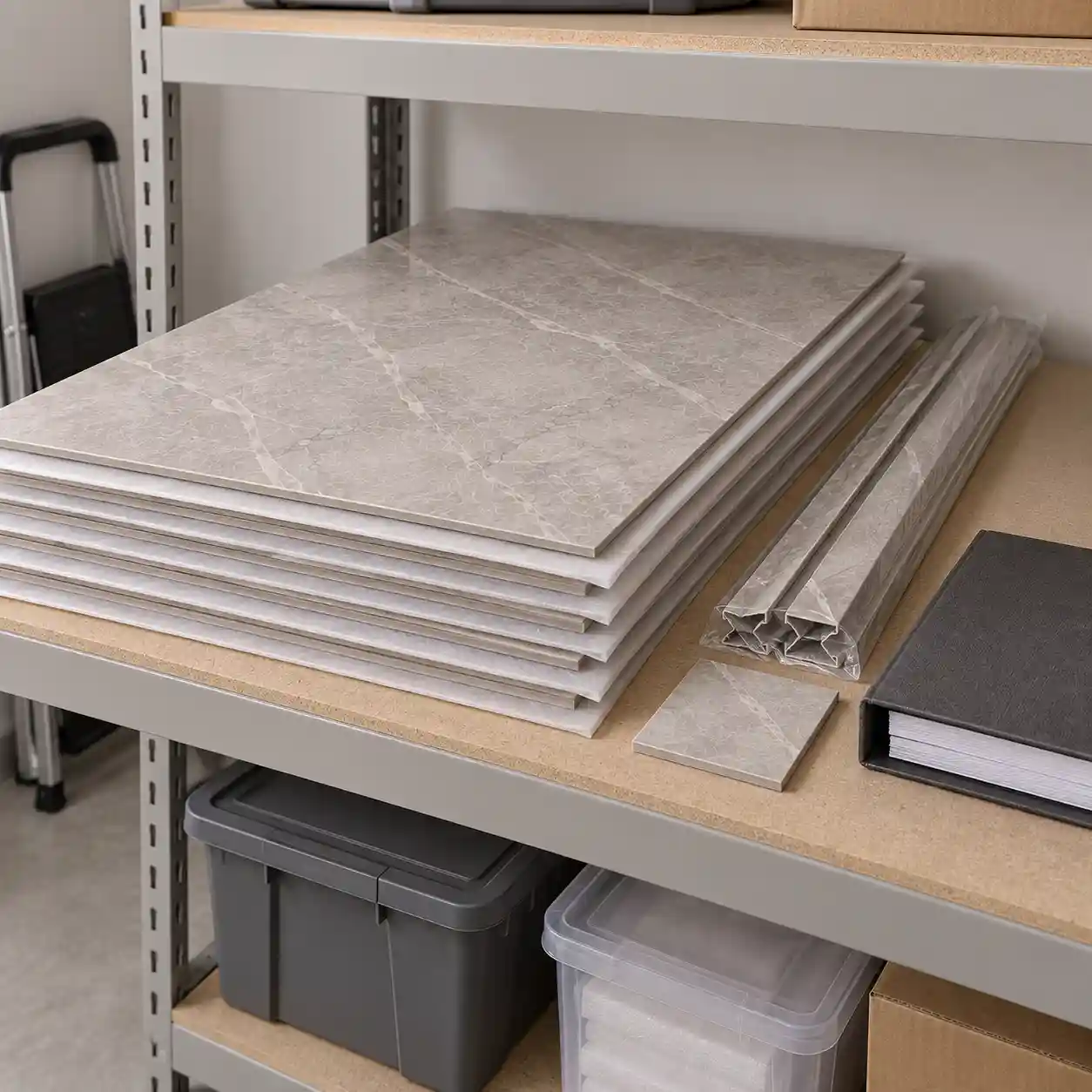 Spare SPC bathroom wall panels stored flat with matching trims and a finish sample