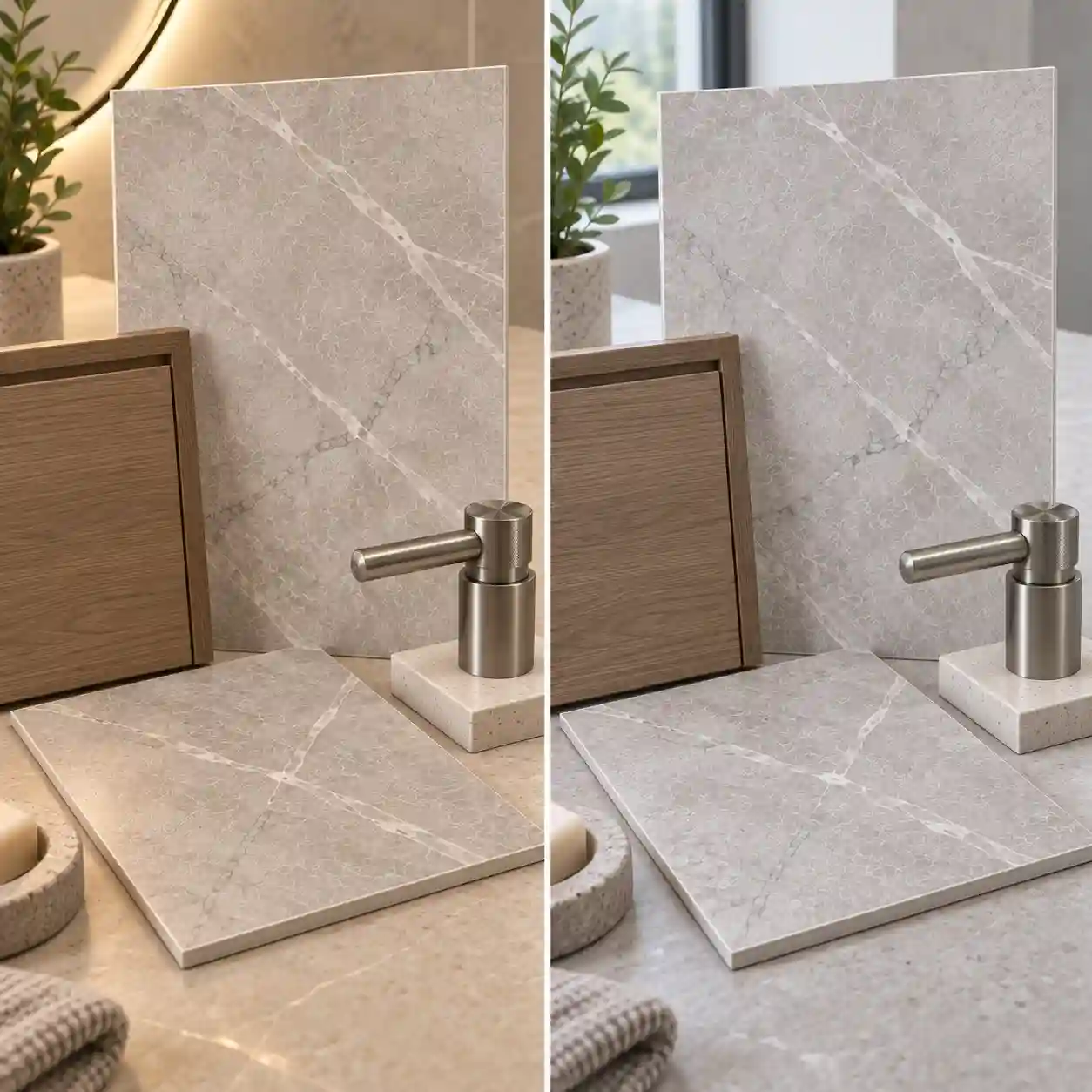 SPC marble-look samples with flooring and fixture finishes under warm light and daylight