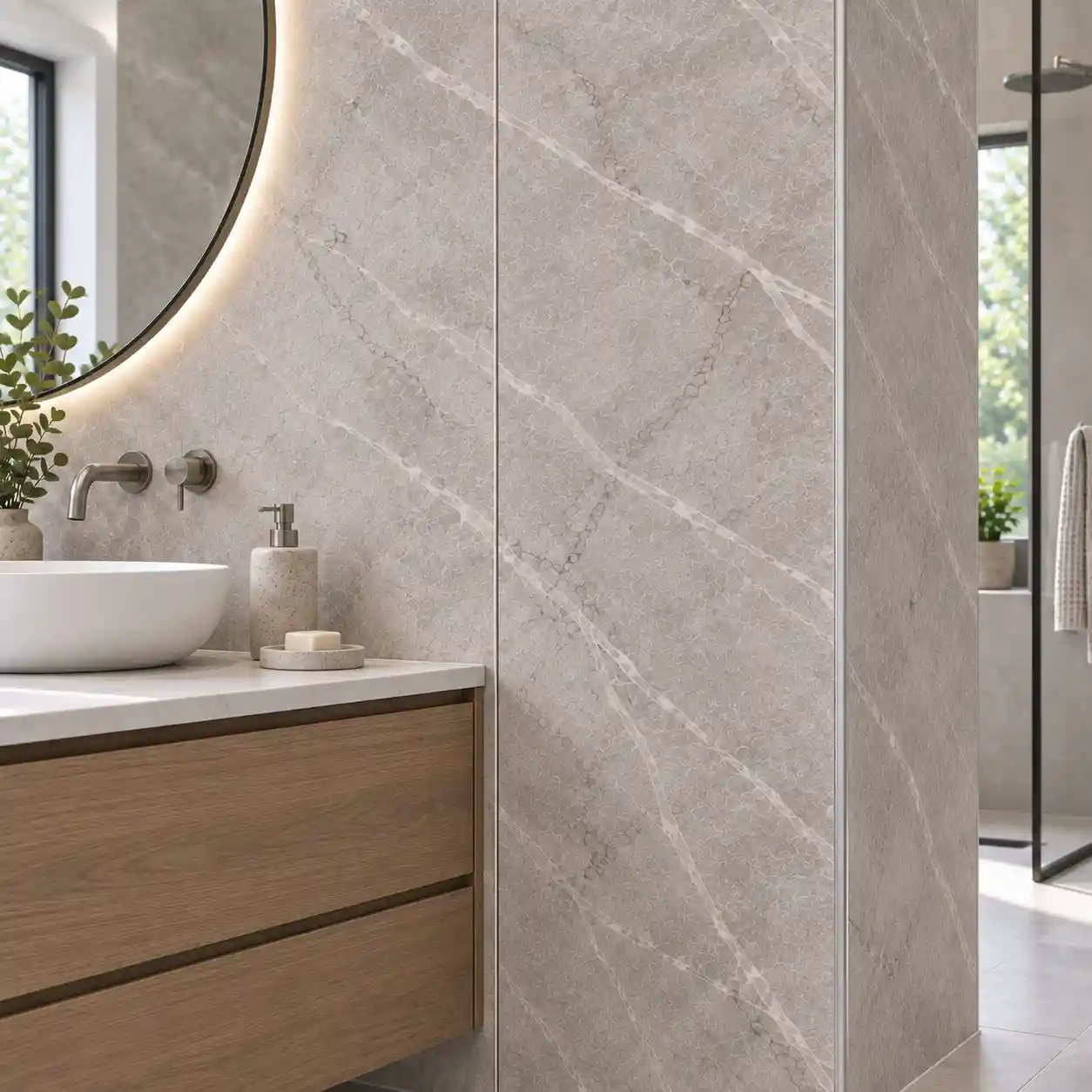 SPC marble-look wall panels showing a vertical joint and corner trim beside a bathroom vanity