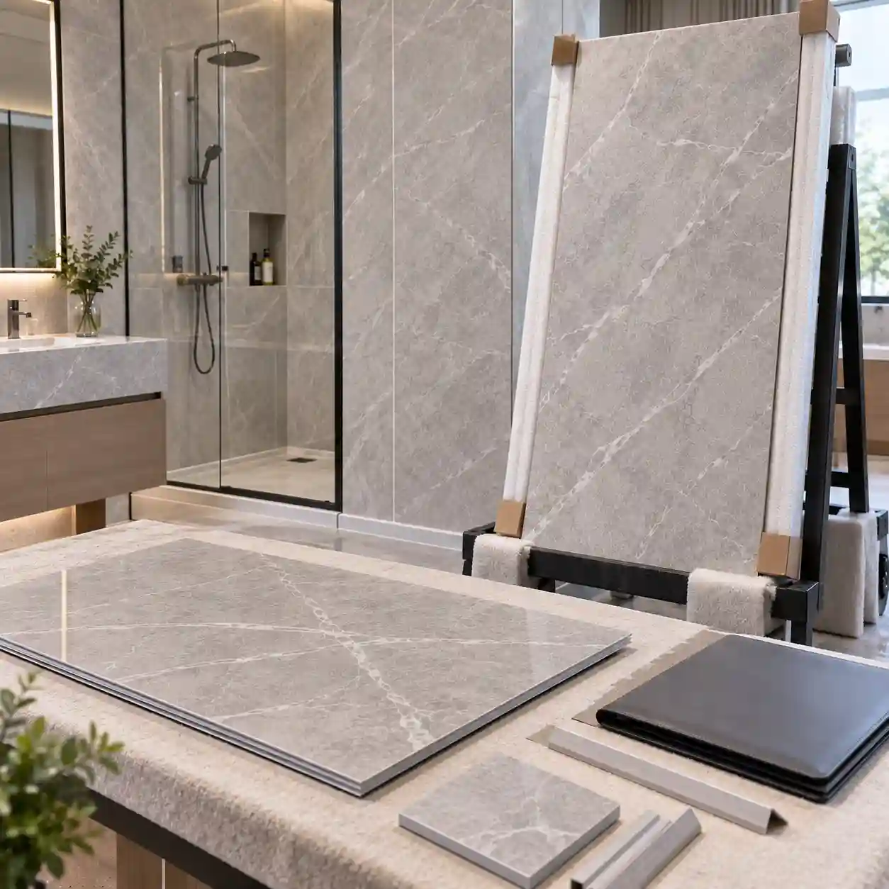 Spare SPC marble-look panel and finish sample beside the installed wall for color comparison