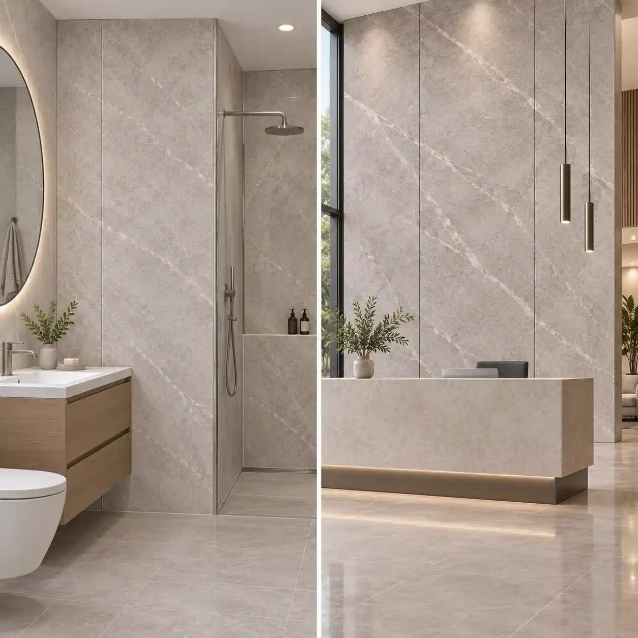 Fine-veined SPC panels in a compact bathroom beside bold marble-look panels on a large reception wall