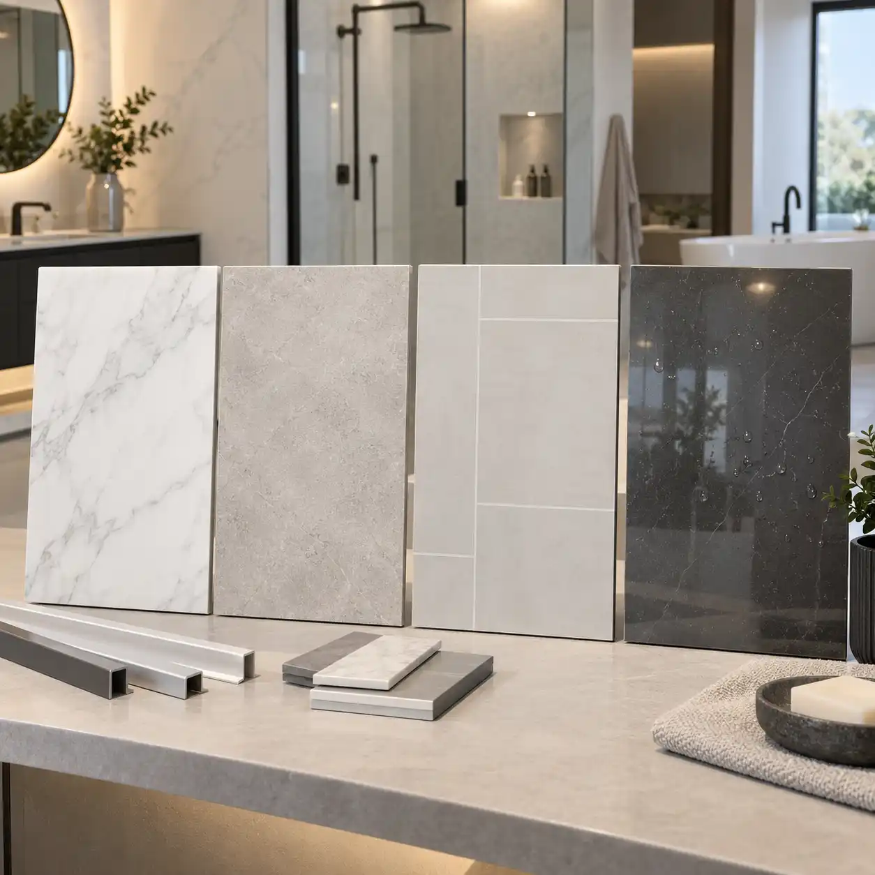 SPC shower wall panel finish samples chosen for easier daily bathroom cleaning
