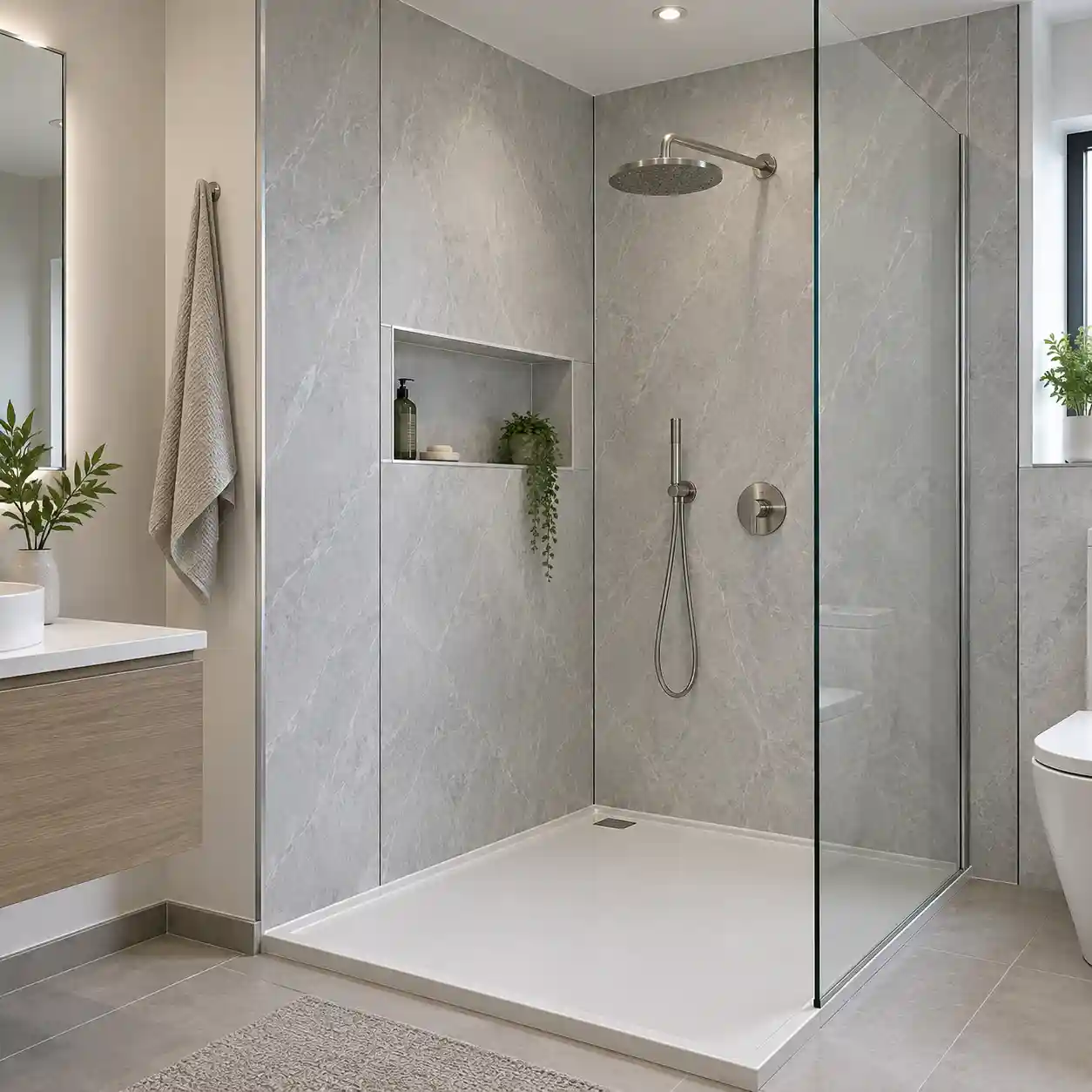 SPC shower wall panels planned around direct water exposure zones