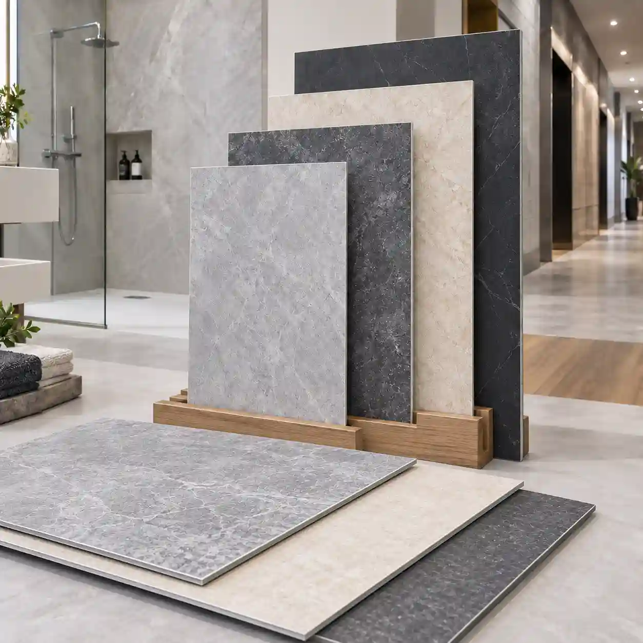 SPC stone plastic composite wall cladding with rigid core for wet-area interiors