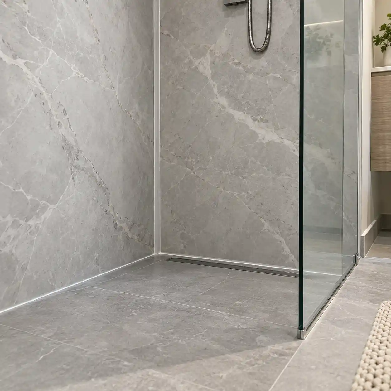 SPC tile look wall panel corner, seam and sealing detail for wet areas
