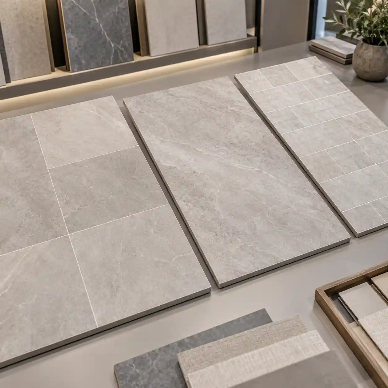 SPC tile look wall panel samples showing pattern scale and joint effect