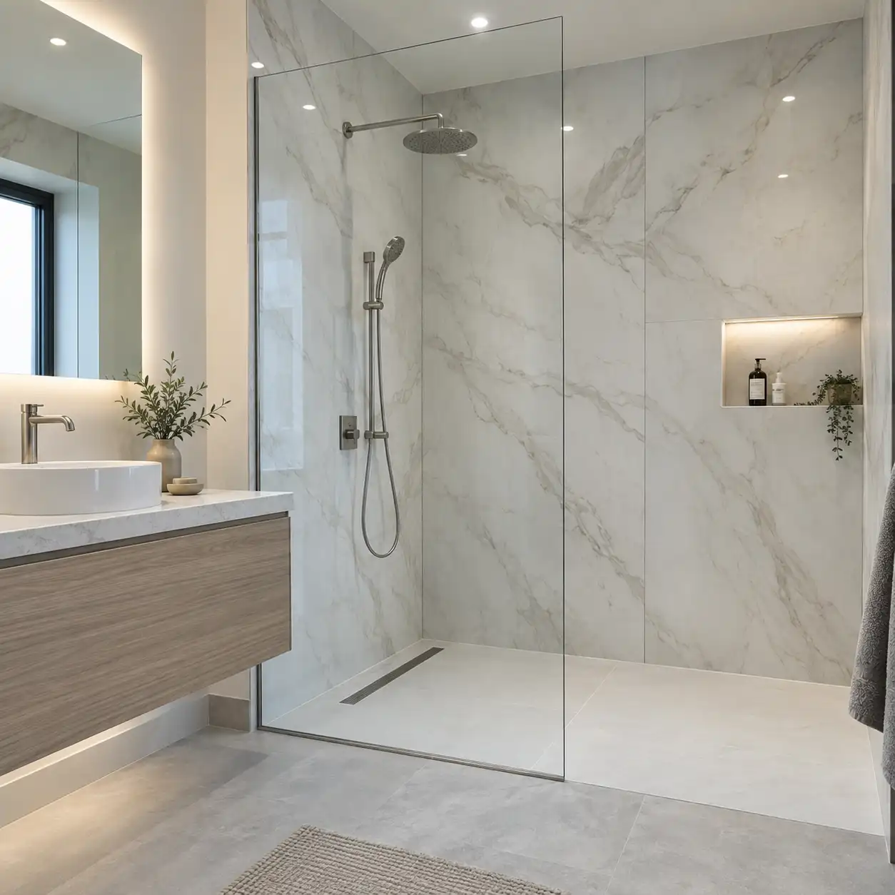 SPC tile look wall panels for grout-free bathroom and shower walls