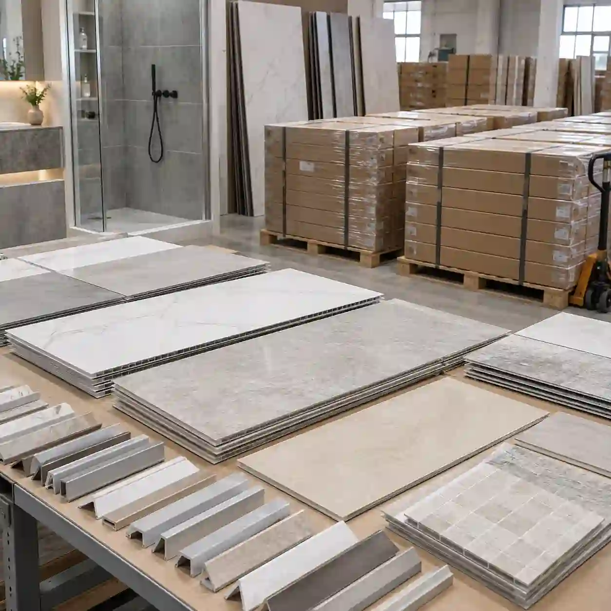 SPC tile look wall panels with spare panels and trims for hotel bathroom projects