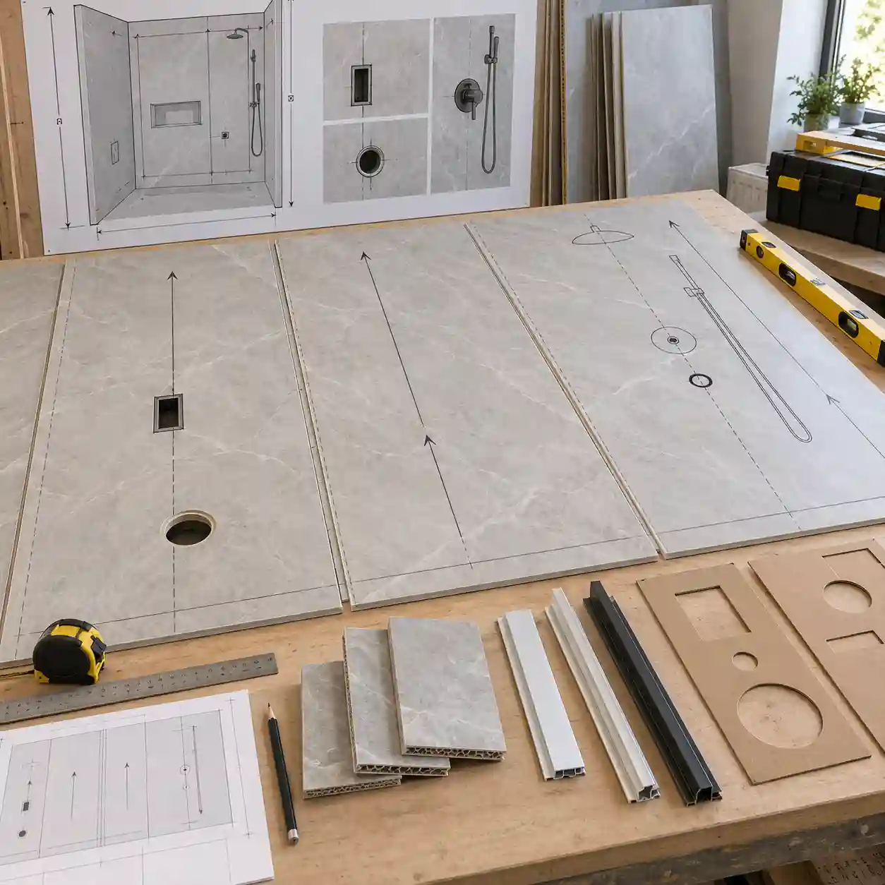 SPC wall panel layout, cutting lines and pipe openings planned before installation