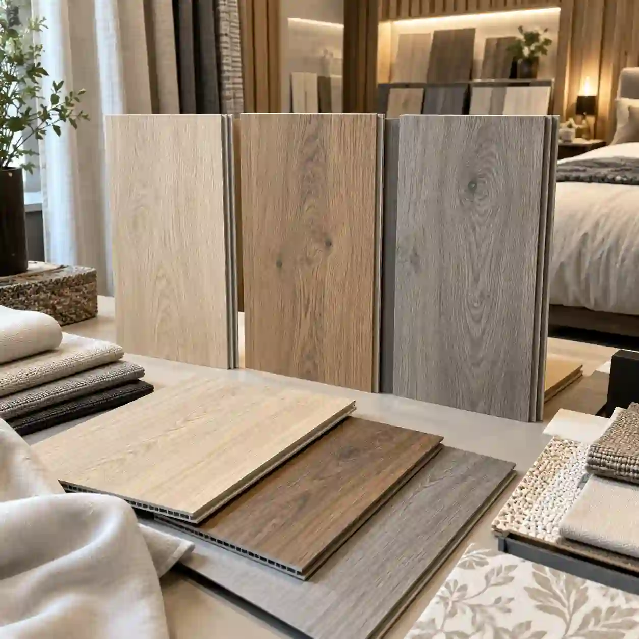 SPC wood look wall panel samples checked under daylight and warm indoor lighting