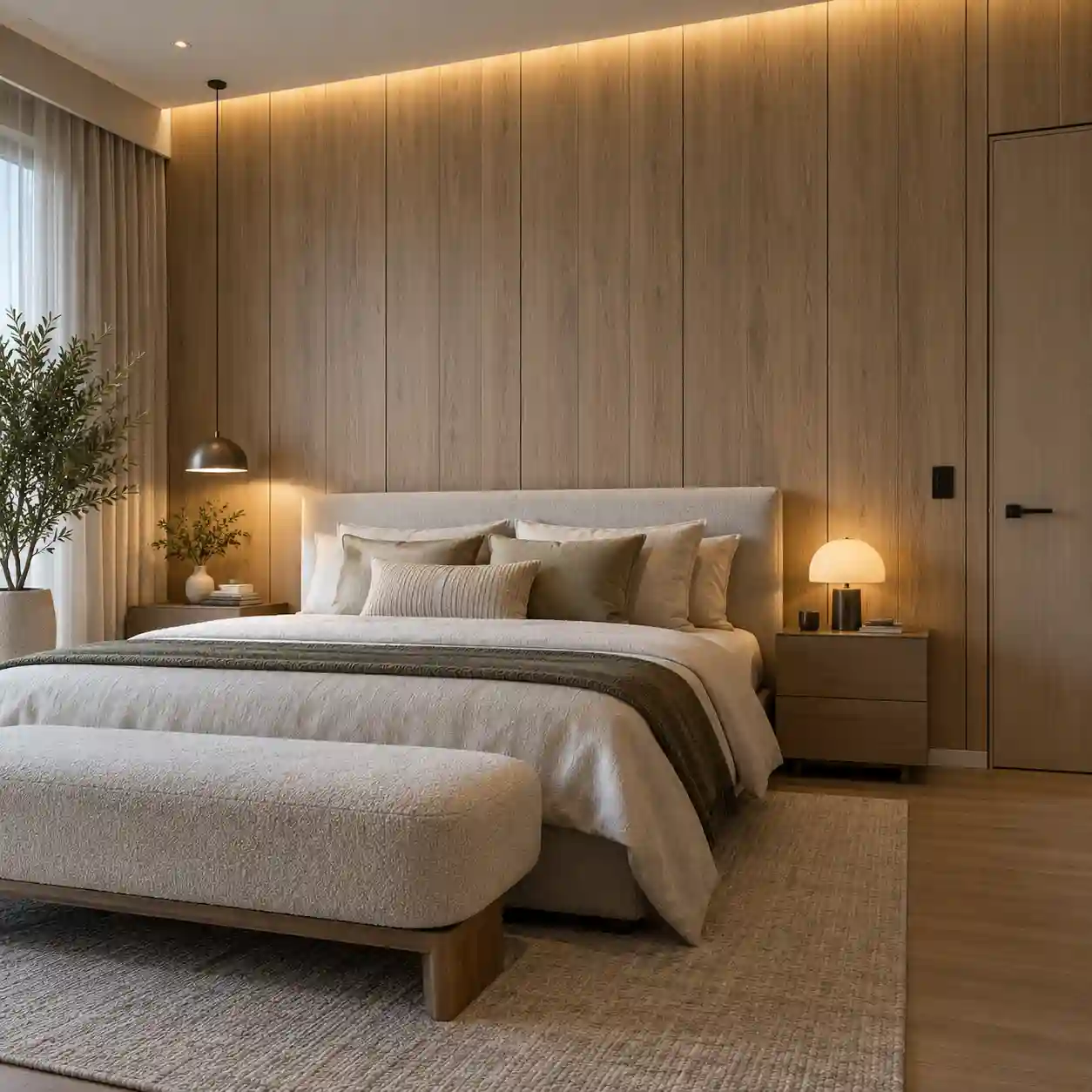 SPC wood look wall panels planned by grain direction, trims and furniture lines