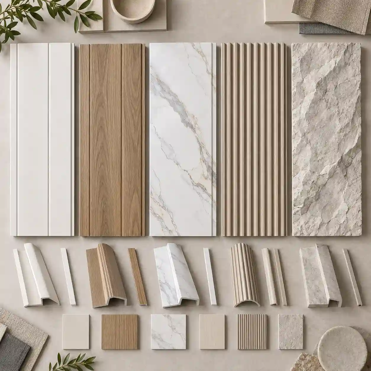 PVC, WPC, SPC, fluted and PU stone wall panel material samples