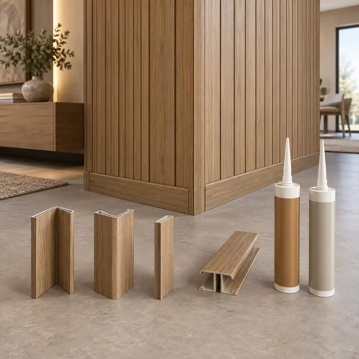 Wall panel trims for corners, exposed edges, joins and finishing details