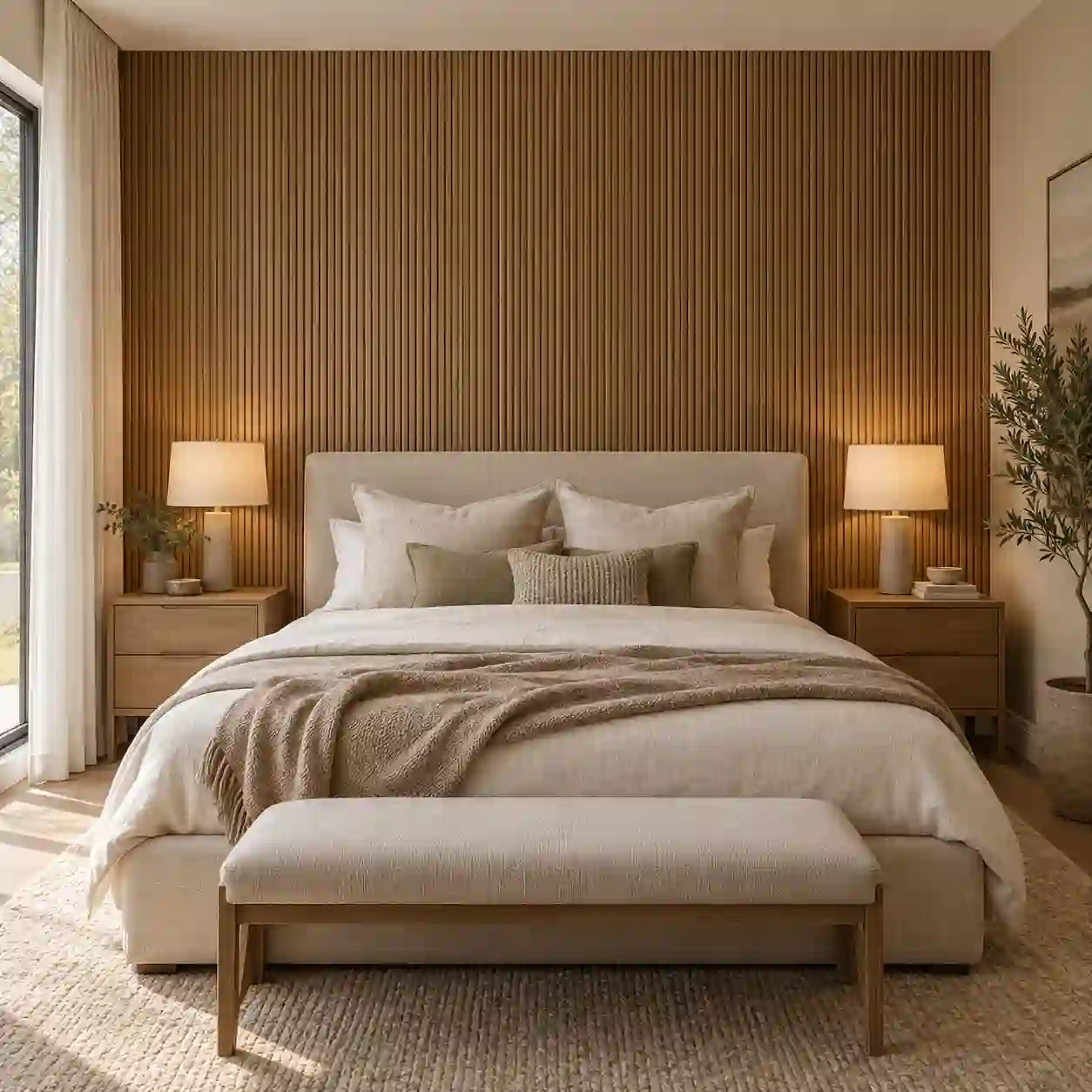 Warm bedroom with fluted wall panels behind an upholstered bed