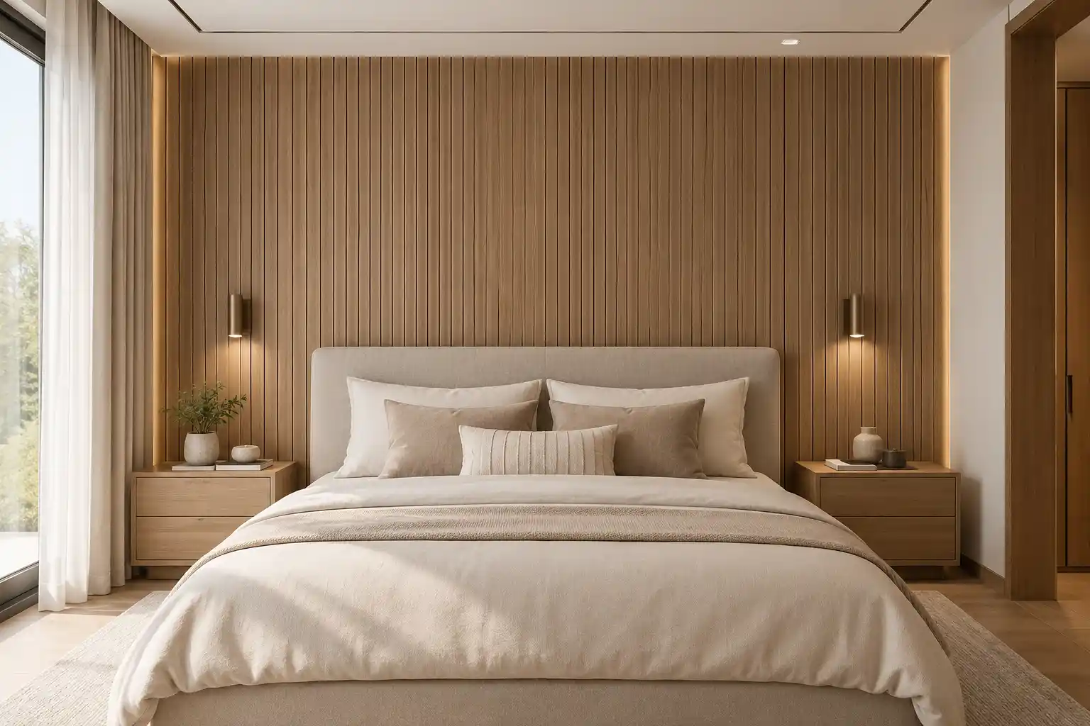Wood-look WPC wall panels used behind a bedroom bed