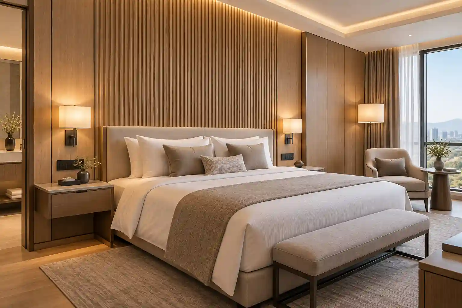Warm WPC wall panel feature wall behind a hotel guest room bed