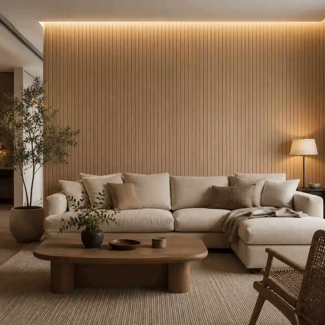 WPC wall panels for a warm sofa feature wall in a living room