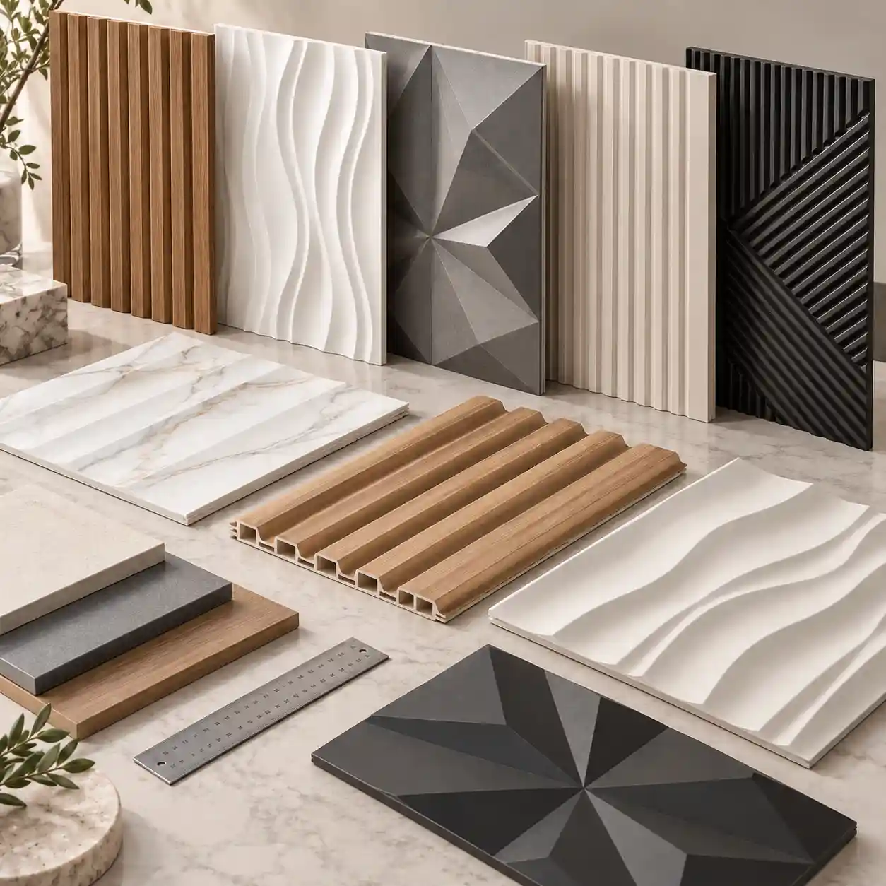 3D PVC wall panel samples compared by pattern, finish and thickness