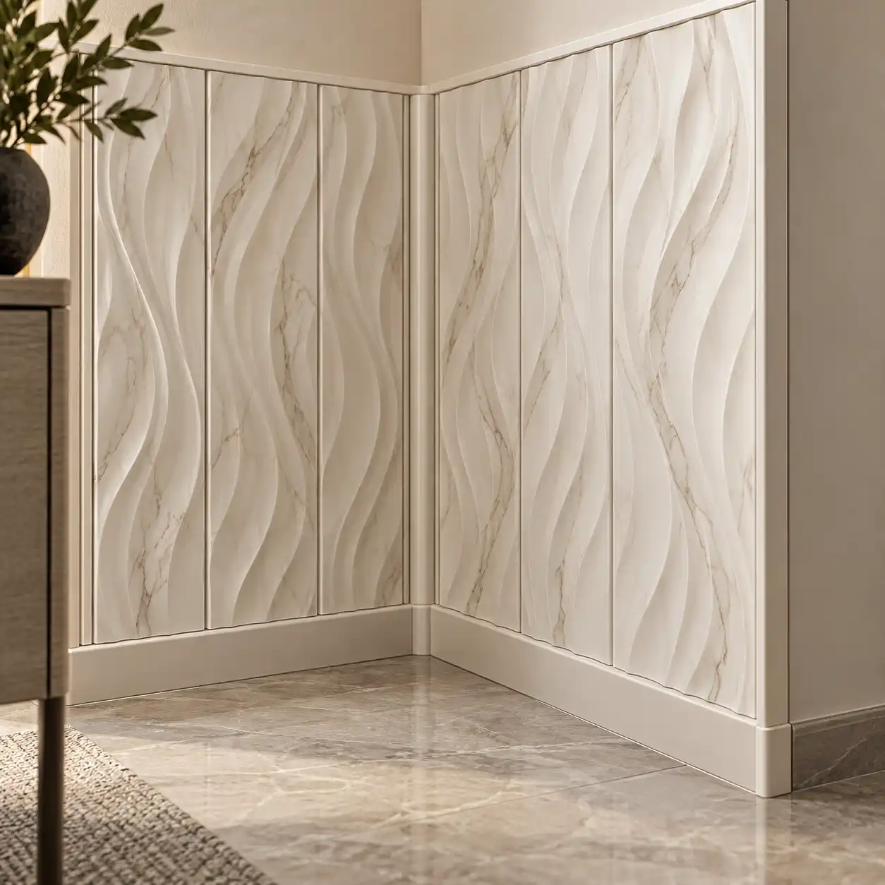 3D PVC wall panel corner trim and sealed edge detail