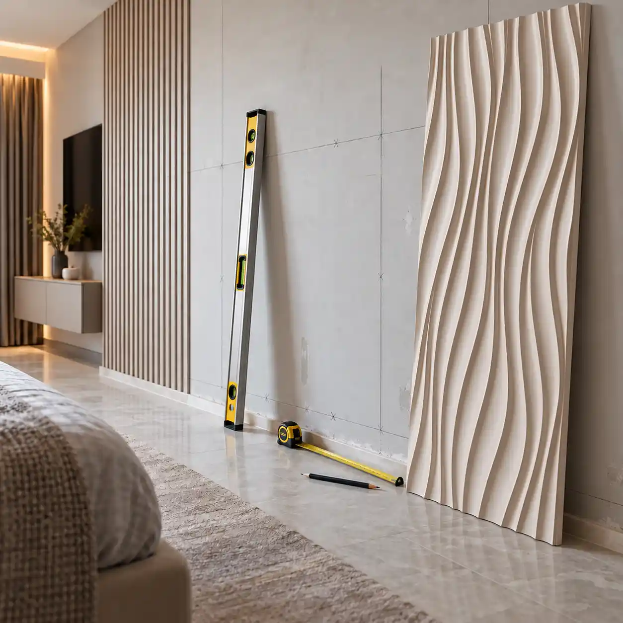 Planning a 3D PVC wall panel installation with wall measurements and surface inspection