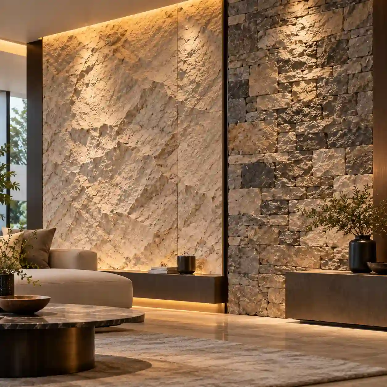Polyurethane faux stone siding and real stone feature walls in a modern interior