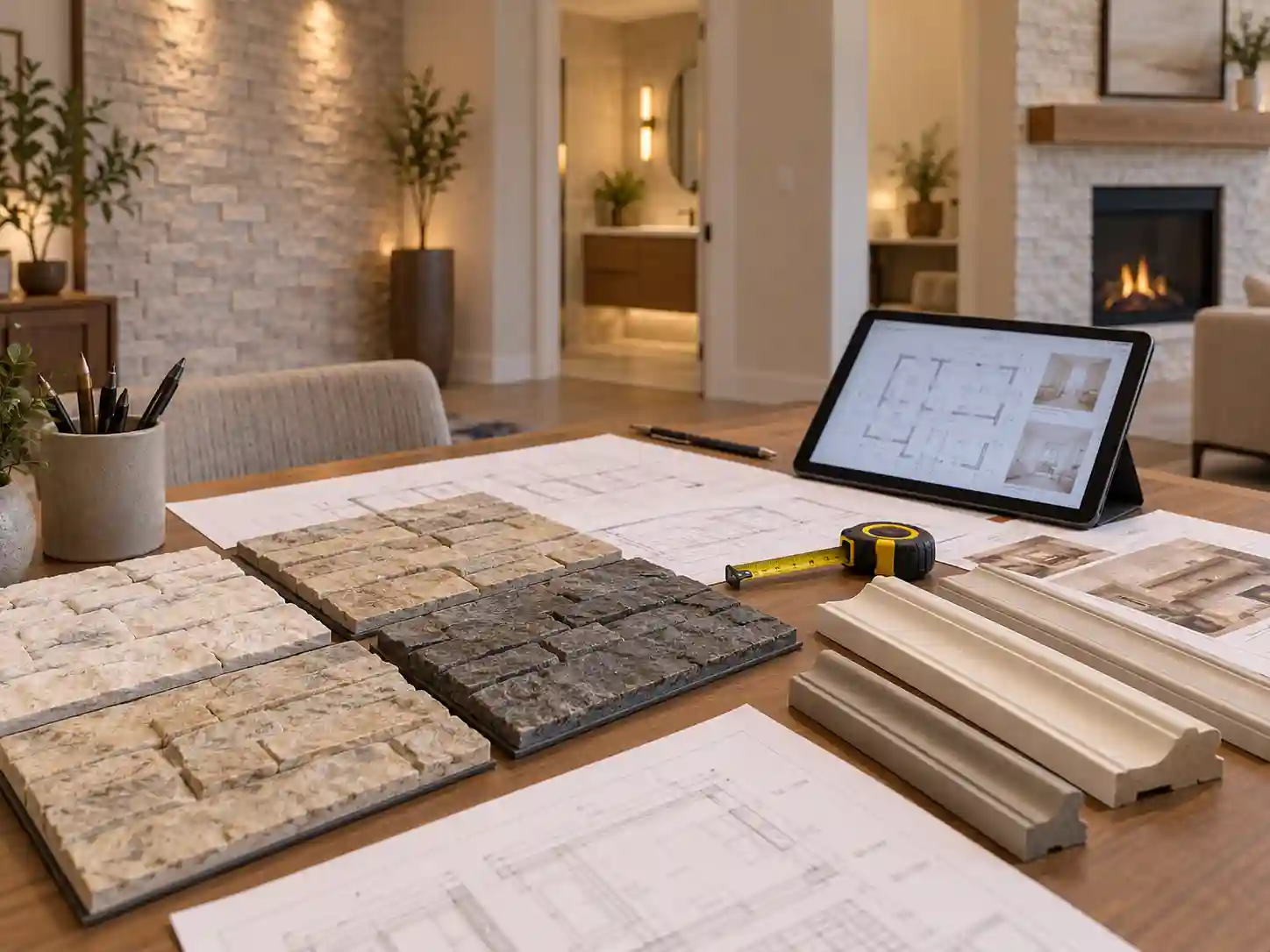 Project planner reviewing PU stone panel samples and installation conditions before ordering