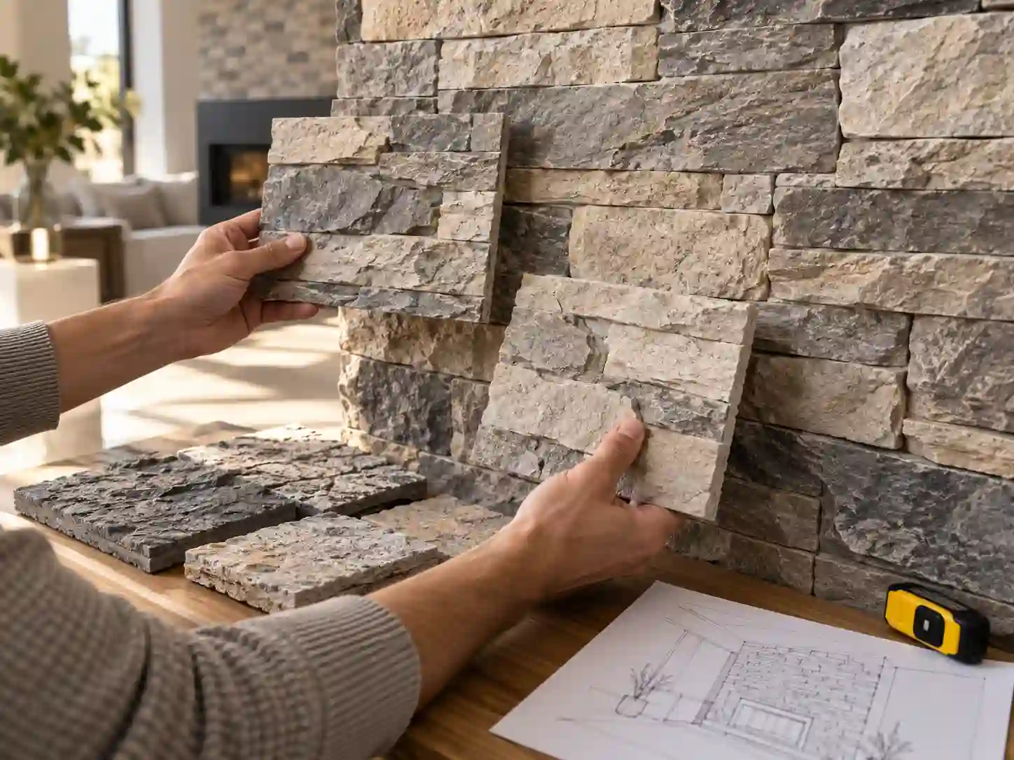 Comparing PU stone panel samples for a feature wall project before requesting a quote