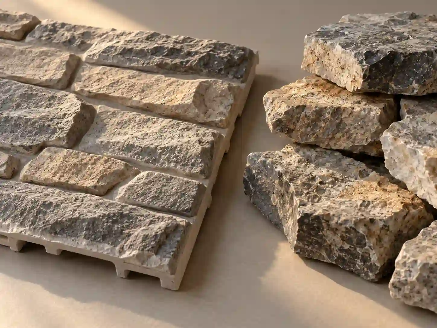 Close-up of PU stone panel texture beside natural stone texture under warm lighting
