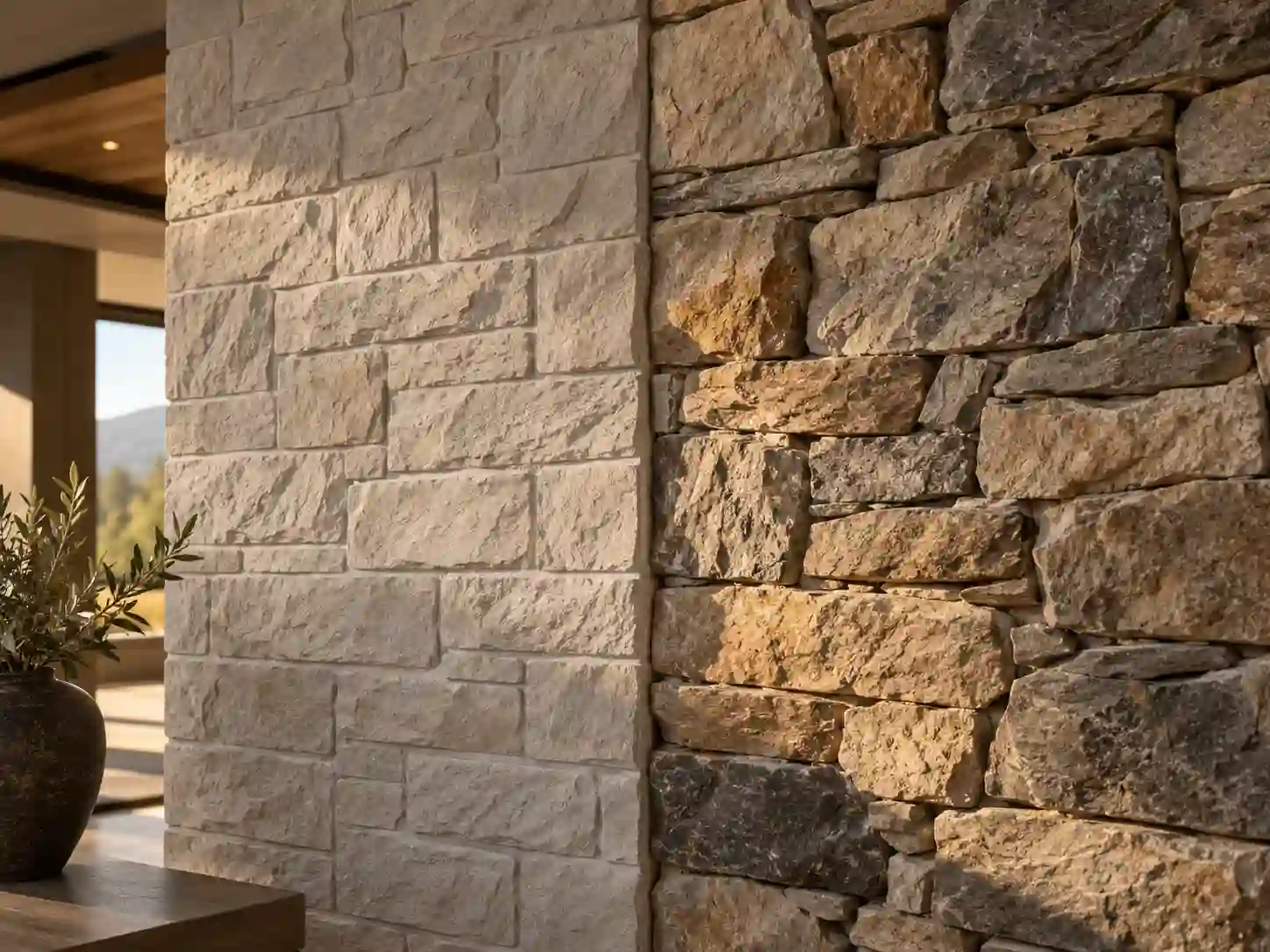 Side-by-side comparison of polyurethane stone wall panels and natural stacked stone