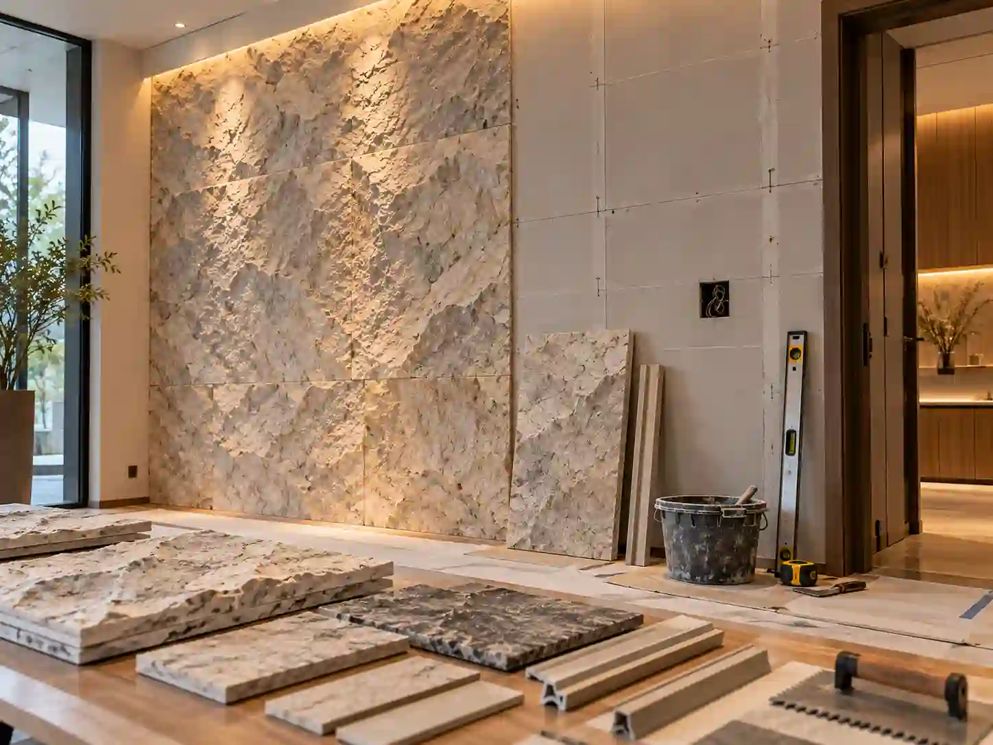 PU stone wall panel installation planning with measured wall layout and panel samples